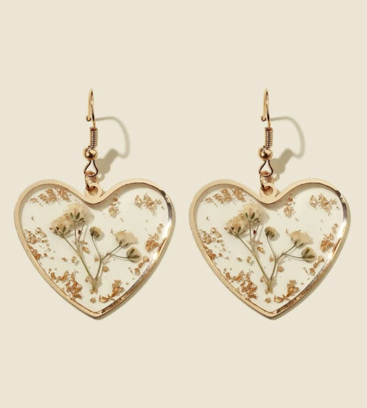 Transparent Resin Dry Flower Gold Foil Heart Shaped Earrings