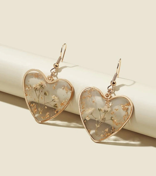 Transparent Resin Dry Flower Gold Foil Heart Shaped Earrings